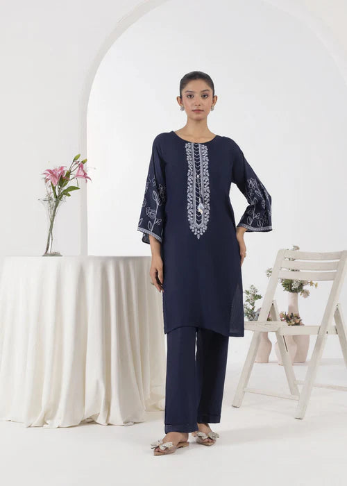 Model wearing Embellish Blue 2-piece embroidered suit by Afsura.