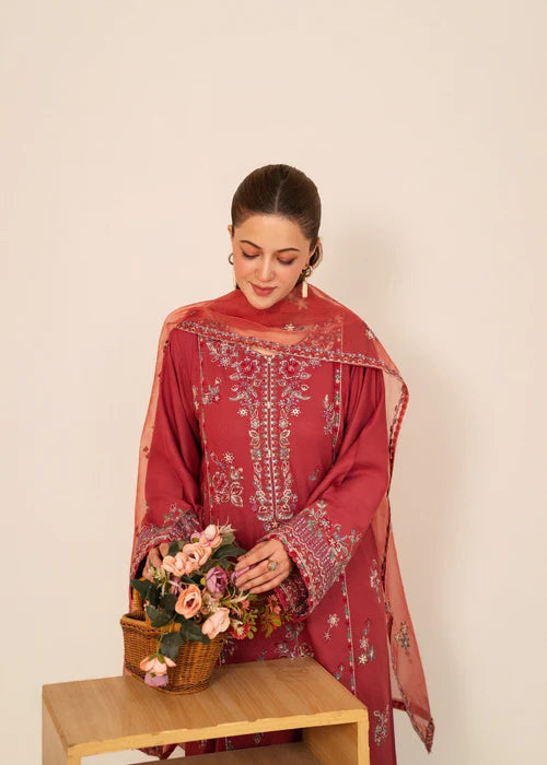 Sheer dusty rose dupatta with intricate embroidered border detailing.