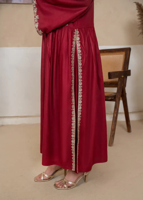 Side profile of the Alishba co-ord set showing the straight-cut trousers and shirt fit.