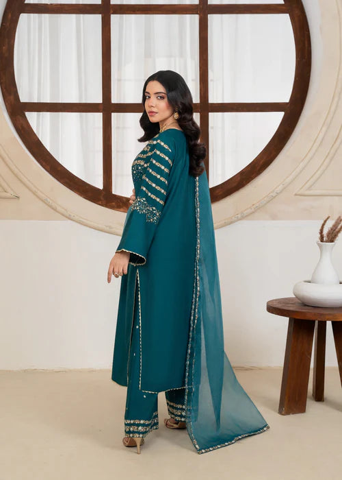 Sheer teal dupatta with intricate silver embroidered borders.