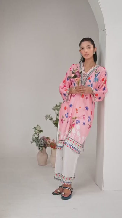 Model wearing Charming Pink Floral Printed 2-Piece Suit by Afsura.